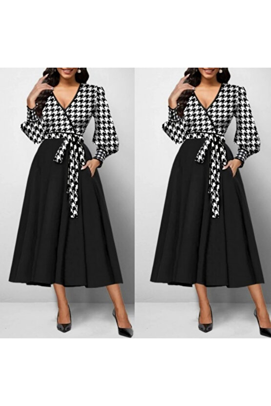 Kadın Uzun Kollu Kruvaze Yaka Dalgıç Krep Midi Boy Elbise