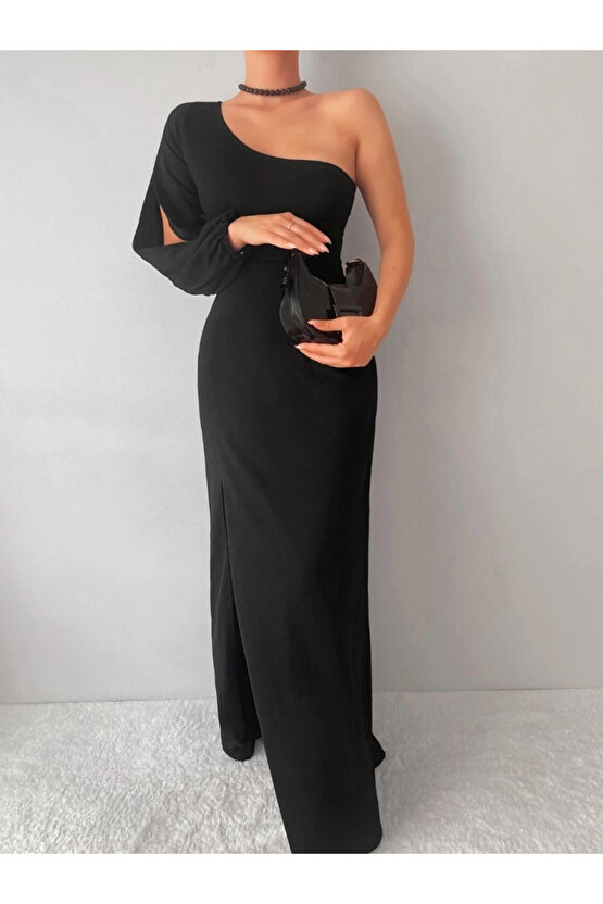 Tek Omuz Açık Derin Yırtmaçlı Krep Tam Boy Elbise