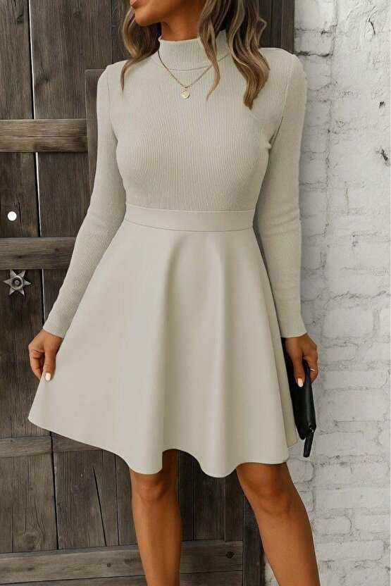 Kadın Uzun Kollu Balıkçı Yaka üst Kaşkorse Alt Deri Detaylı Mini Elbise