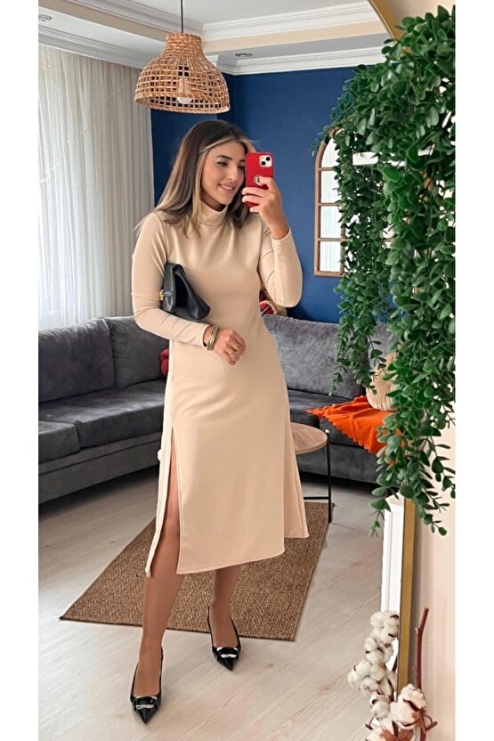 Kadın Uzun Kollu Balıkçı Yaka Derin Yırtmaç Detay Krep Elbise