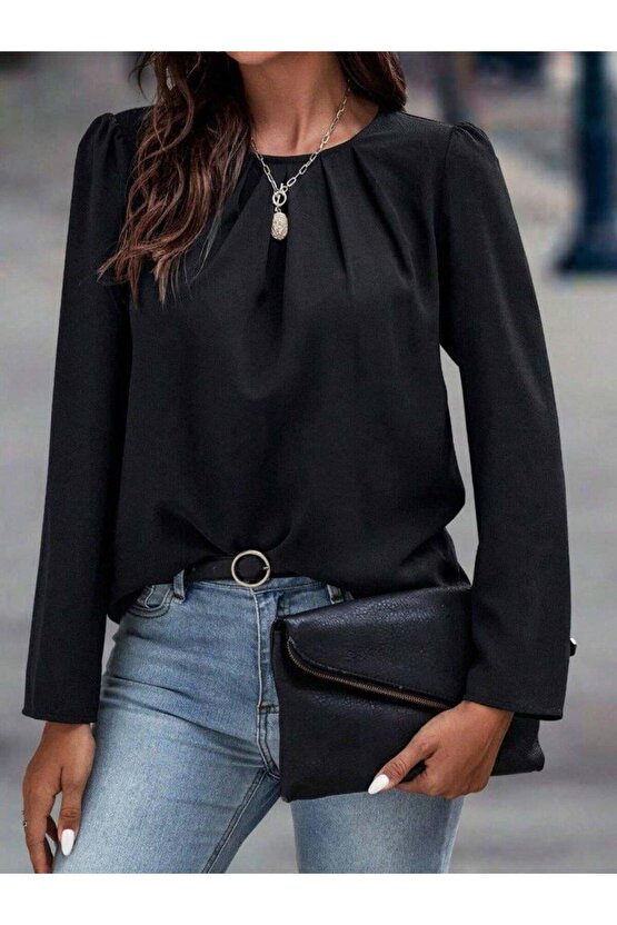 EQURİ Kadın Uzun Kollu Yuvarlak önden Pileli Ithal Krep Bluz