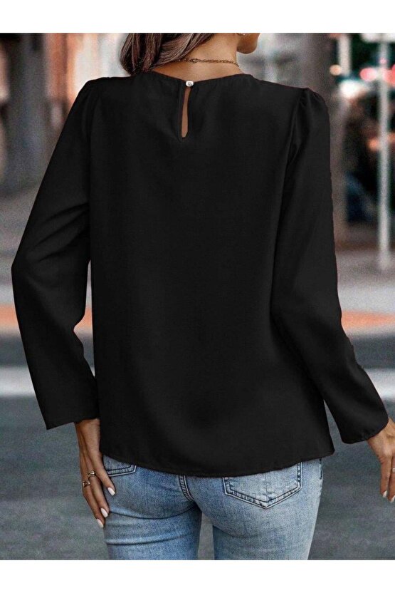 EQURİ Kadın Uzun Kollu Yuvarlak önden Pileli Ithal Krep Bluz