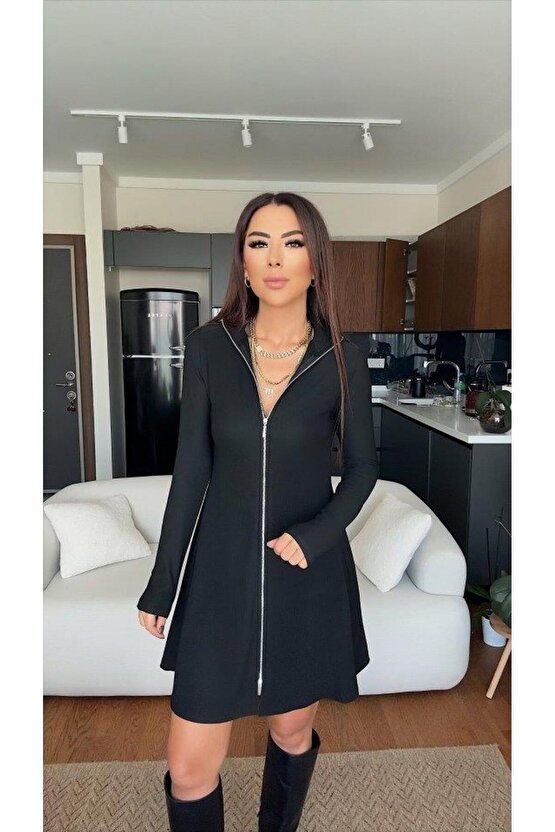 Kadın Uzun Kollu Hakim Yaka Ayarlanabilir Fermuar Dekolteli Mini Elbise