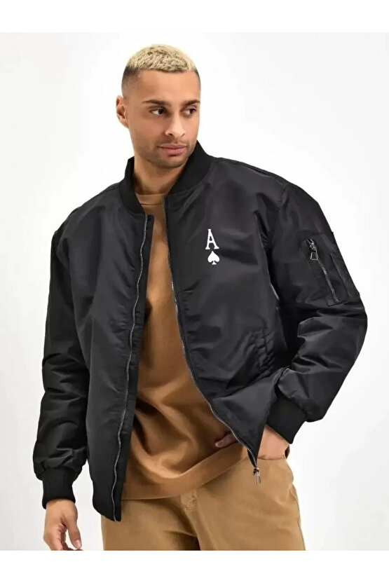 eyesof Unisex Uzun Kol Baskılı Bomber Ceket - Siyah