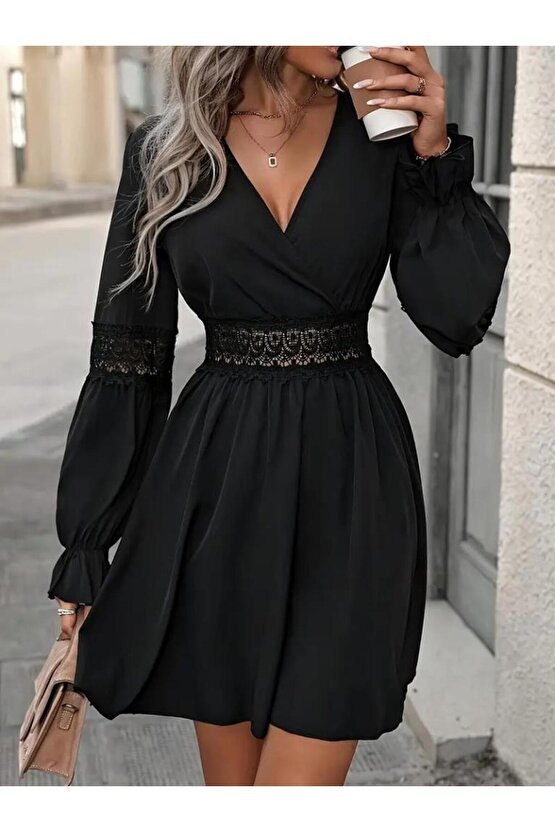 Kadın Uzun Kollu Kruvaze Yakalı Dantelli Fermuar Detaylı Kısa Ithal Krep Elbise