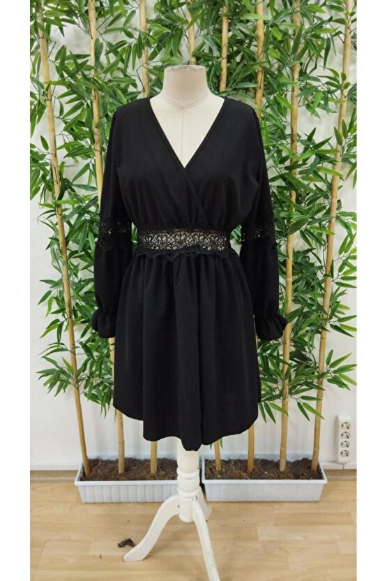 Kadın Uzun Kollu Kruvaze Yakalı Dantelli Fermuar Detaylı Kısa Ithal Krep Elbise