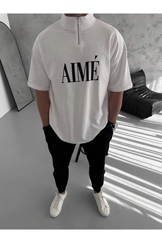 Unisex Yarım Fermuarlı Baskılı T-Shirt - Beyaz