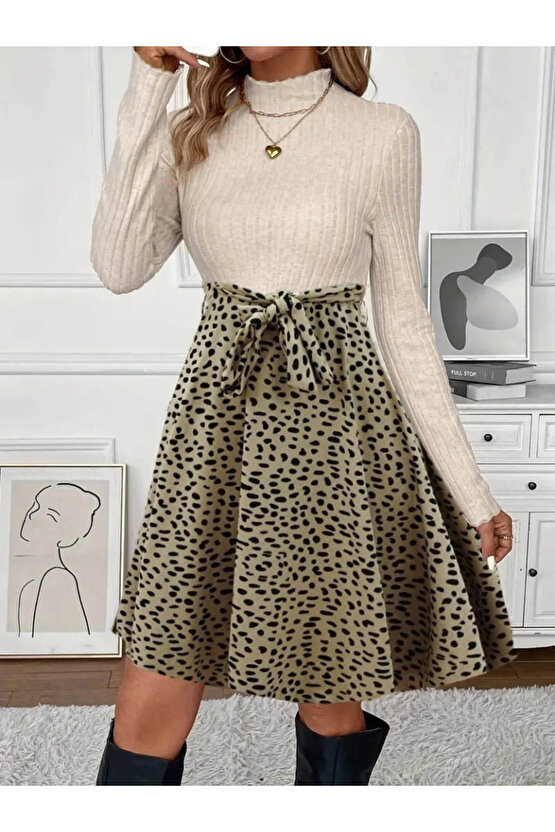 Kadın Uzun Kollu Balıkçı Yaka Belden Bağlamalı üst Kaşkorse Eteği Dalgıç Elbise