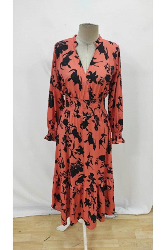 Kadın Uzun Kollu Kruvaze Yakalı çiçek Desenli Maksi Süprem Elbise