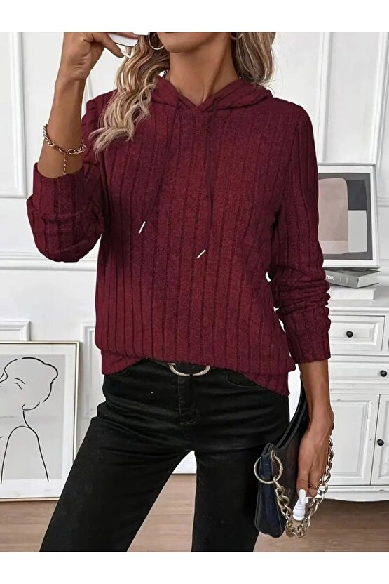 VİBE UNİCO Kadın Uzun Kollu Kapşonlu Bağcıklı şardonlu Kaşkorse Bluz