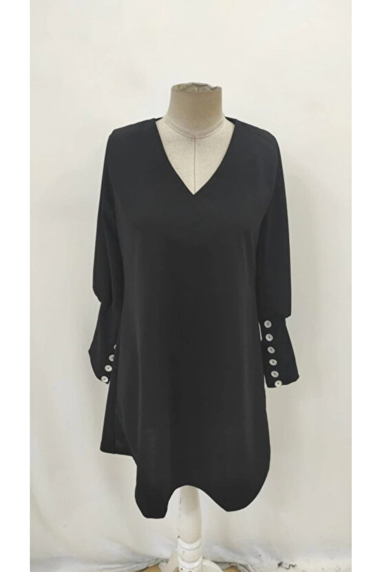 Kadın Uzun Kollu V Yakalı Kısa Ithal Krep Elbise