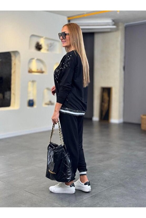 EQURİ Kadın Modal Kumaş Payetli Sim Ve Ribanalı Detay Ikili Takım