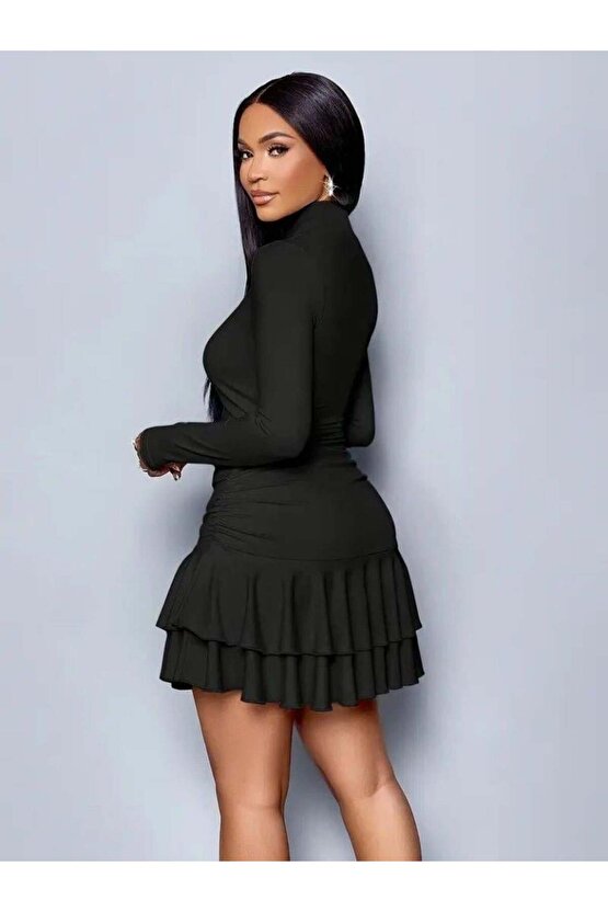 Kadın Uzun Kollu Balıkçı Yaka Mini Fırfırlı Sandy Elbise