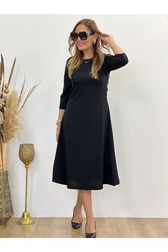 Kadın Uzun Truvakar Kol Bisiklet Yaka Midi Modal Elbise