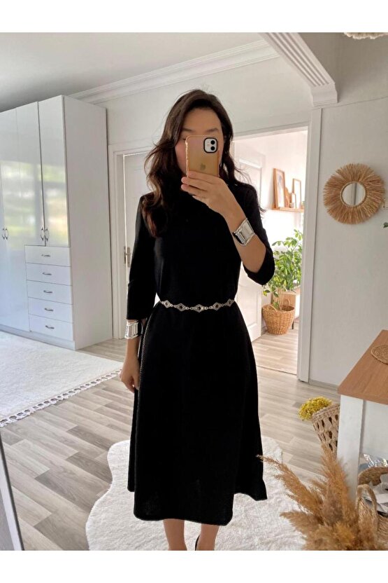 Kadın Uzun Truvakar Kol Bisiklet Yaka Midi Modal Elbise