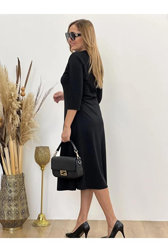 Kadın Uzun Truvakar Kol Bisiklet Yaka Midi Modal Elbise