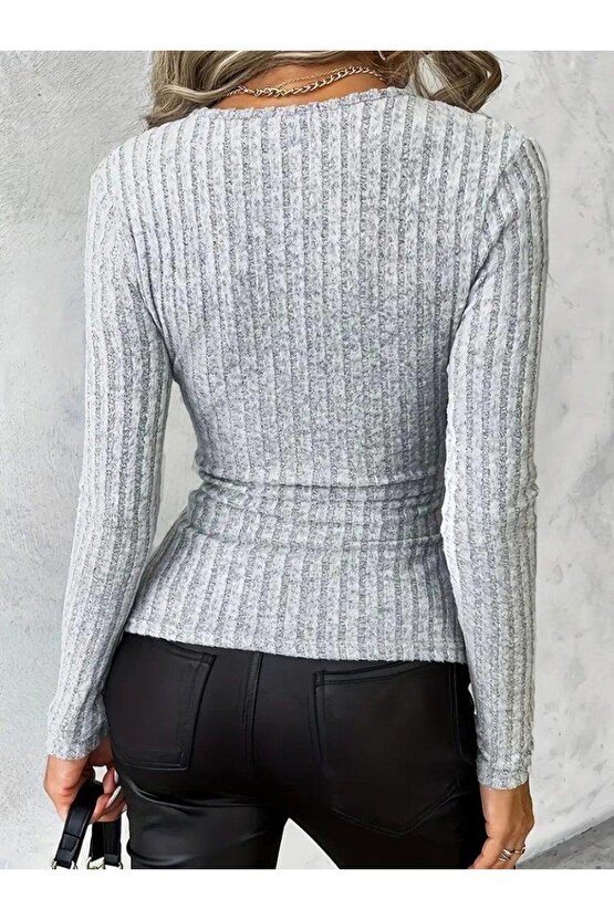 Kadın Uzun Kollu Kruvaze Yaka Yandan Düğme Detaylı şardonlu Kaşkorse Bluz