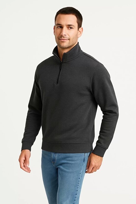 EQURİ Erkek Dik Yaka Sweatshirt Dik Yaka Yarım Fermuarlı 3 İplik Şardonlu Pamuk Kumaş - Antrasit