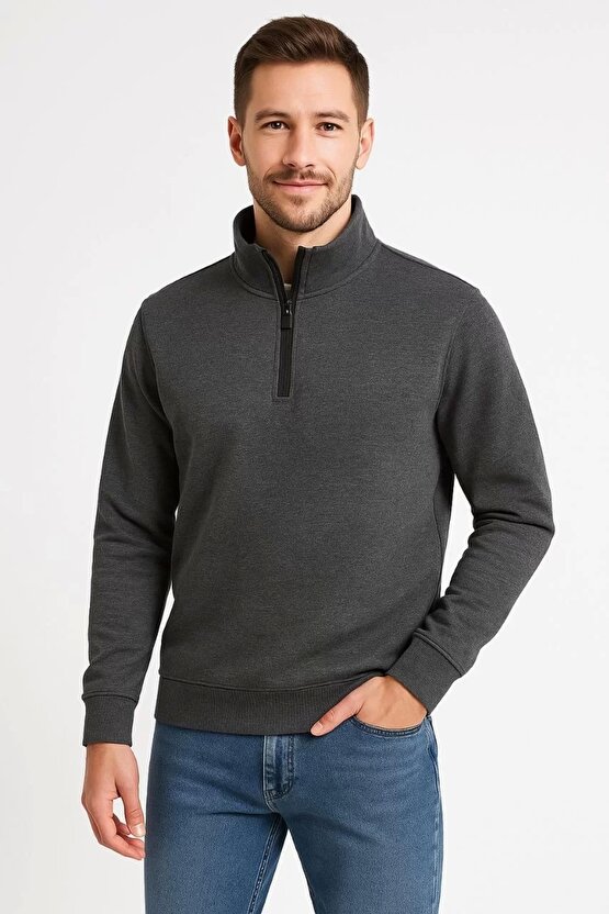 EQURİ Erkek Dik Yaka Sweatshirt Dik Yaka Yarım Fermuarlı 3 İplik Şardonlu Pamuk Kumaş - Antrasit