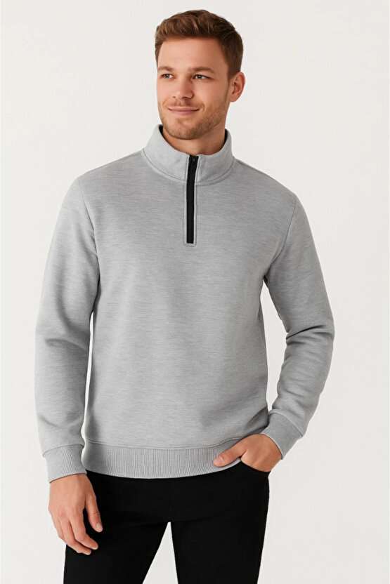 EQURİ Erkek Dik Yaka Sweatshirt Dik Yaka Yarım Fermuarlı 3 İplik Şardonlu Pamuk Kumaş - Gri