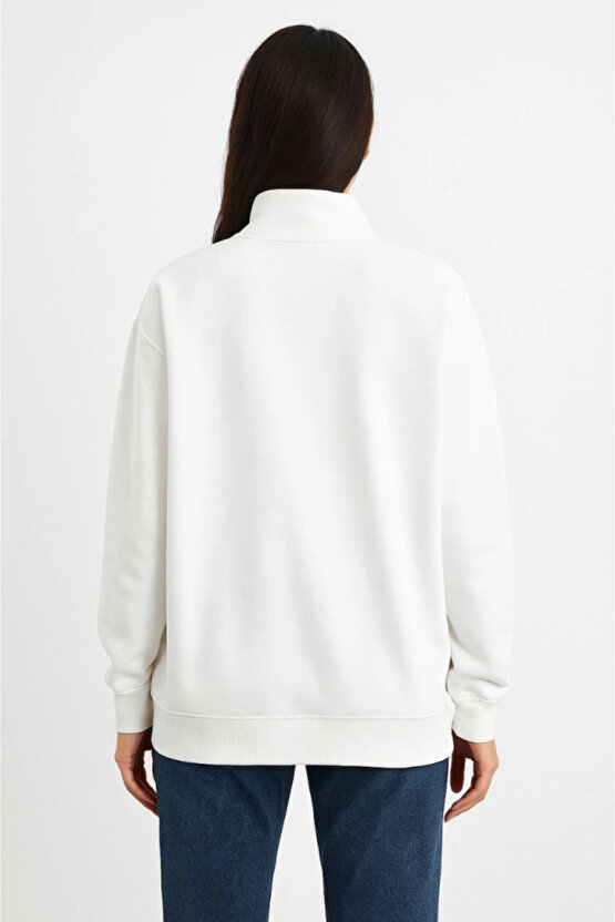 Kadın Üç İplik Dık Yaka Yarım Fermuarlı SweatShirt - Beyaz