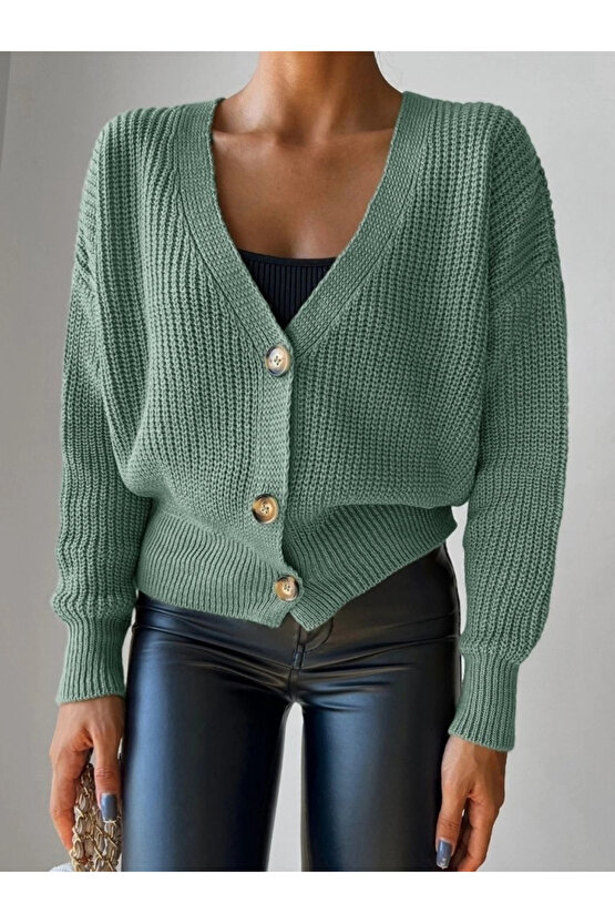 Kadın Uzun Kollu Düğme Detay Triko Bluz