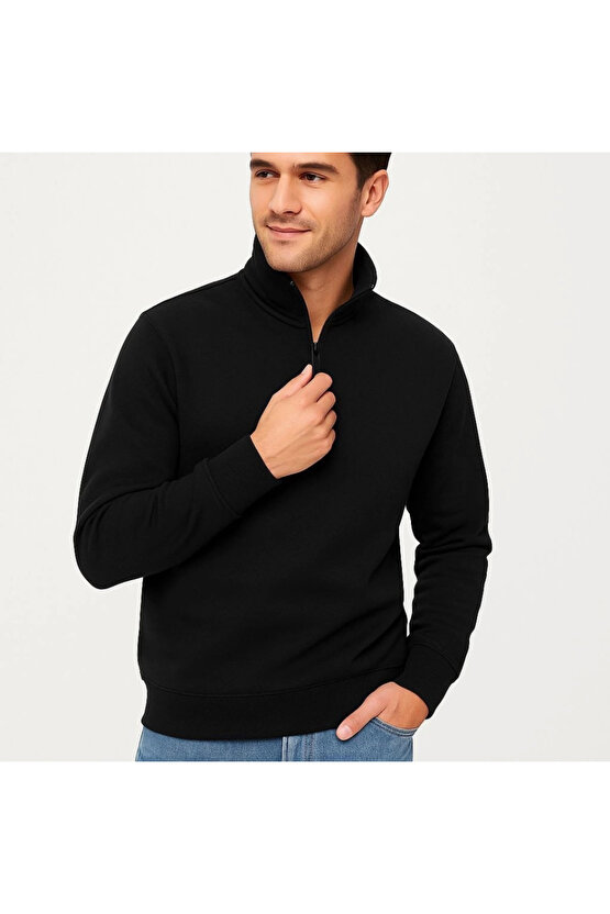 Erkek Dik Yaka Sweatshirt Dik Yaka Yarım Fermuarlı 3 İplik Şardonlu Pamuk Kumaş - Siyah