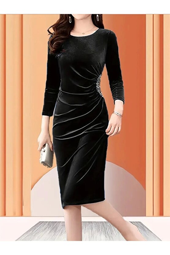 Kadın Uzun Kollu Bot Yaka Yanı Taş Detaylı Midi Kadife Elbise