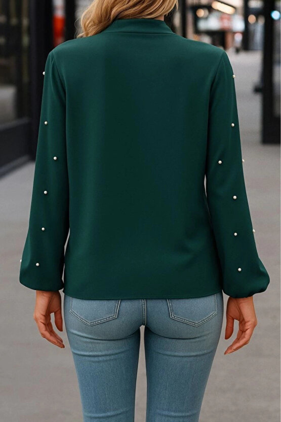 Kadın Uzun Kollu Yakadan Fiyonklu Incili Ithal Krep Bluz