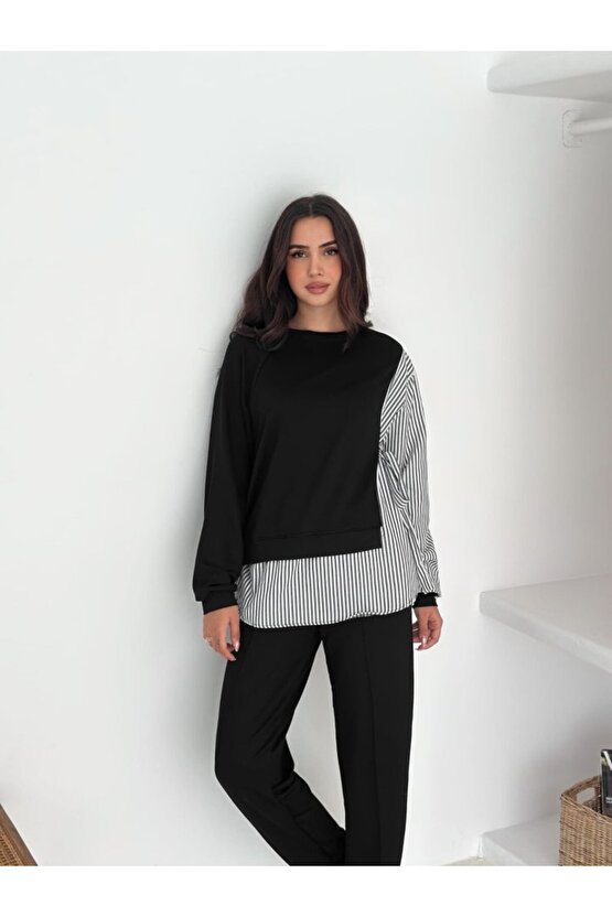 EQURİ Kadın Gömlek Detay çizgili Yandan Bağlamalı Ikili Takım