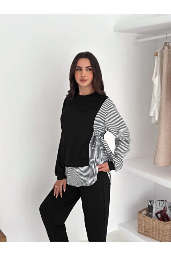 EQURİ Kadın Gömlek Detay çizgili Yandan Bağlamalı Ikili Takım