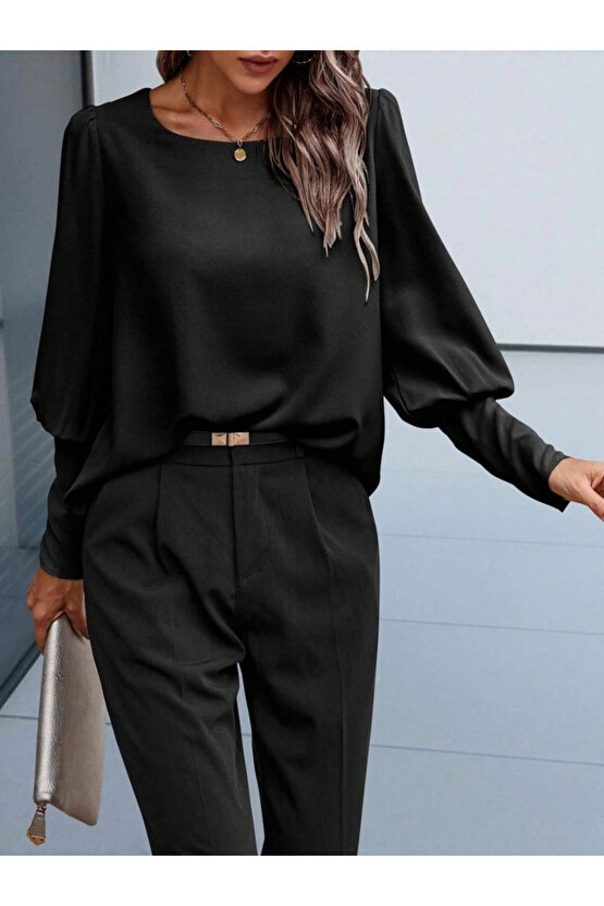 Kadın Uzun Kollu Yuvarlak Yakalı Düğmeli Ithal Krep Bluz