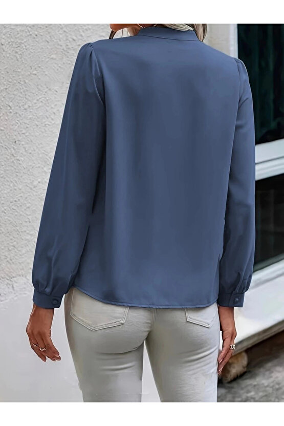 Kadın Uzun Kollu Yakalı Yakadan Bağcıklı Düğmeli Sandy Bluz