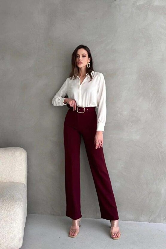 Kadın Yüksek Bel Krep Kumaş Full Likralı Ispanyol Paça Kemer Dahil Pantolon