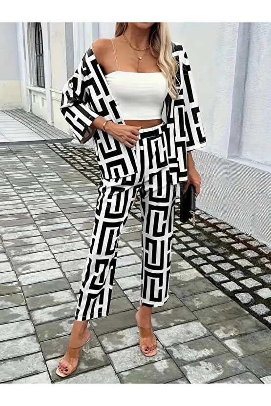 Kadın Uzun Kollu önü Açık Desenli Iki Iplik Ceket Ve Pantolon Ikili Takım