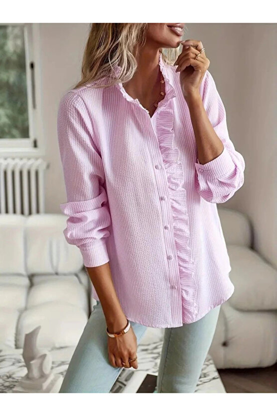 Kadın Uzun Kollu Fırfır Yakalı önden Düğmeli çizgili Burgu Gömlek