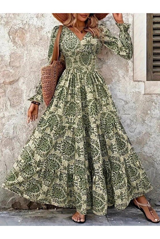 Kadın Uzun Kollu V Yakalı Desenli Süprem Elbise