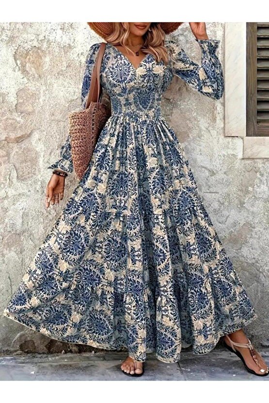 Kadın Uzun Kollu V Yakalı Desenli Süprem Elbise