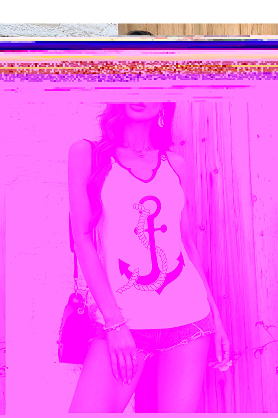 Kadın Kalp Yaka çıpa Baskılı Süprem Bluz