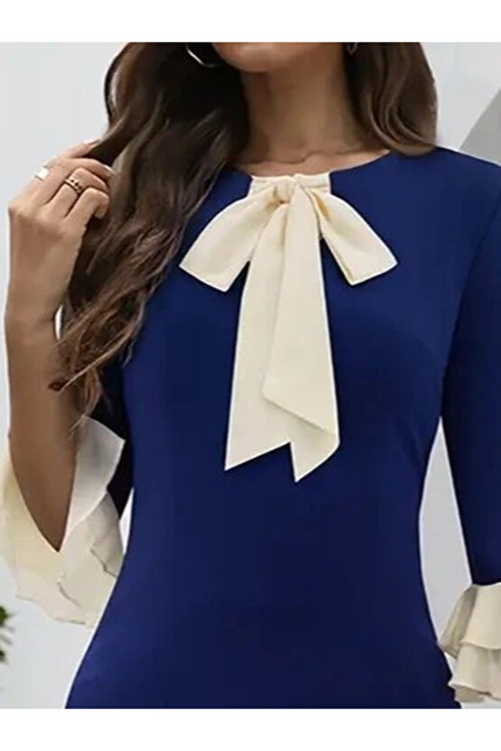 Kadın Truvakar Kollu Fiyonk Yakalı Midi Ithal Krep Elbise