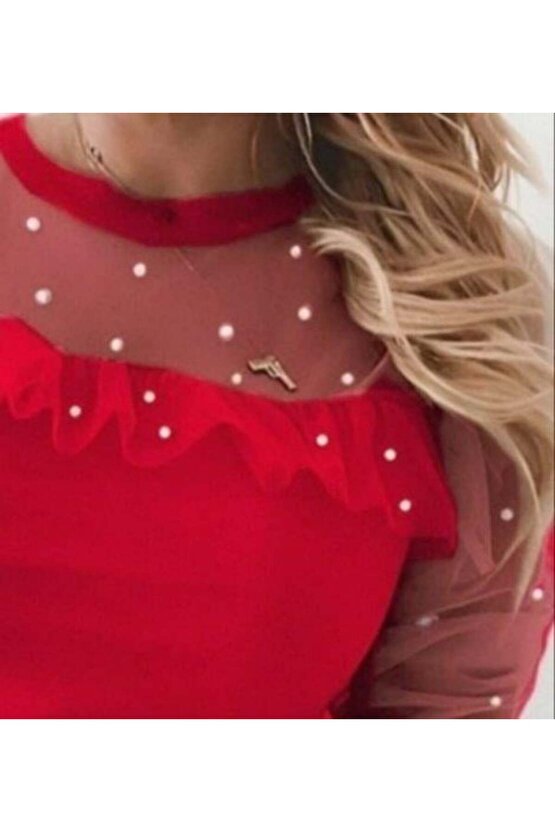 Kadın Uzun Kollu Inci Detaylı Tüllü Viskon Bluz