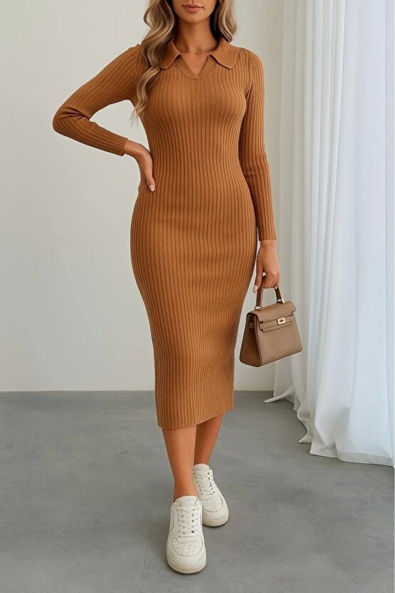 Kadın Uzun Kollu Yakalı Triko Elbise