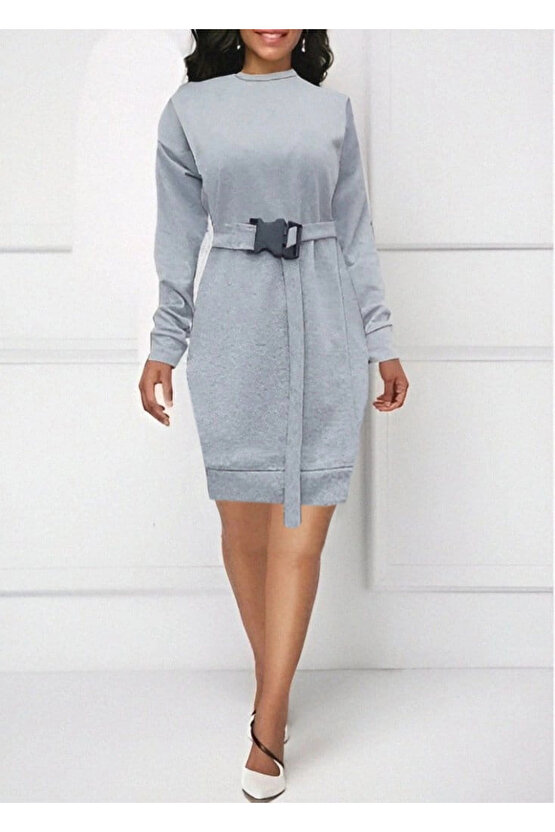 Kadın Uzun Kollu Bisiklet Yaka Kuşaklı Iki Iplik Elbise