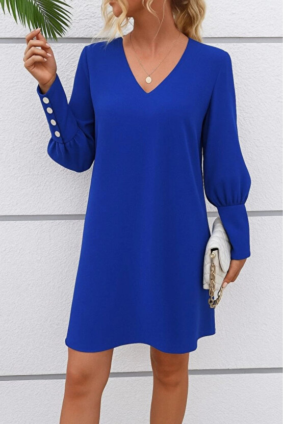 Kadın Uzun Kollu V Yakalı Kısa Ithal Krep Elbise