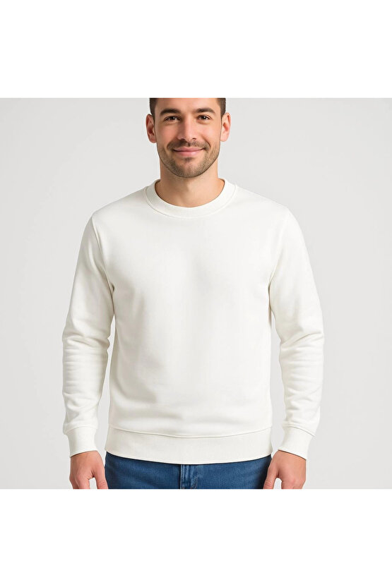 Erkek Üç İplik Düz Bisiklet Yaka SweatShirt - Beyaz