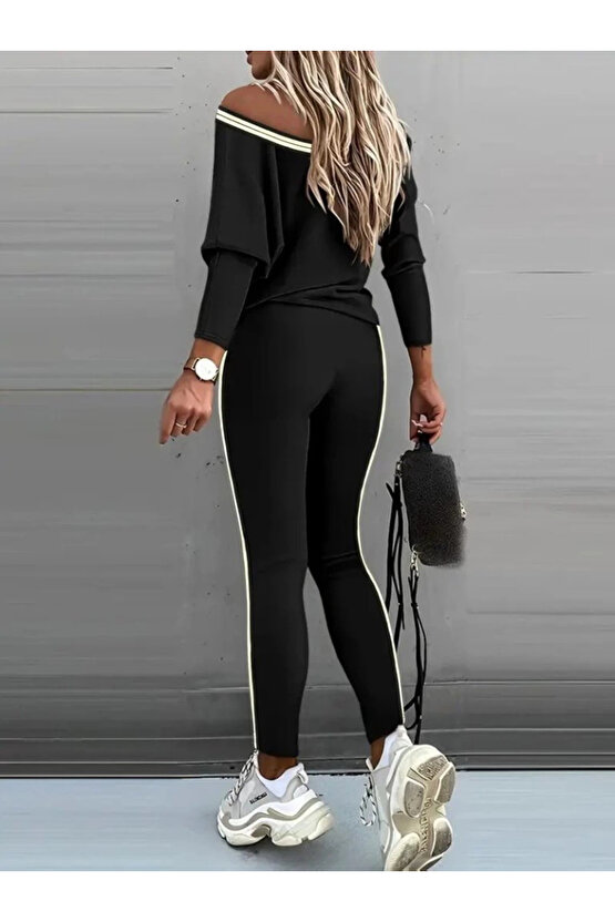 Kadın Uzun Kollu Tek Omuzu Açık Detaylı Viskon Iki Iplik Bluz Ve Pantolon Ikili Takım