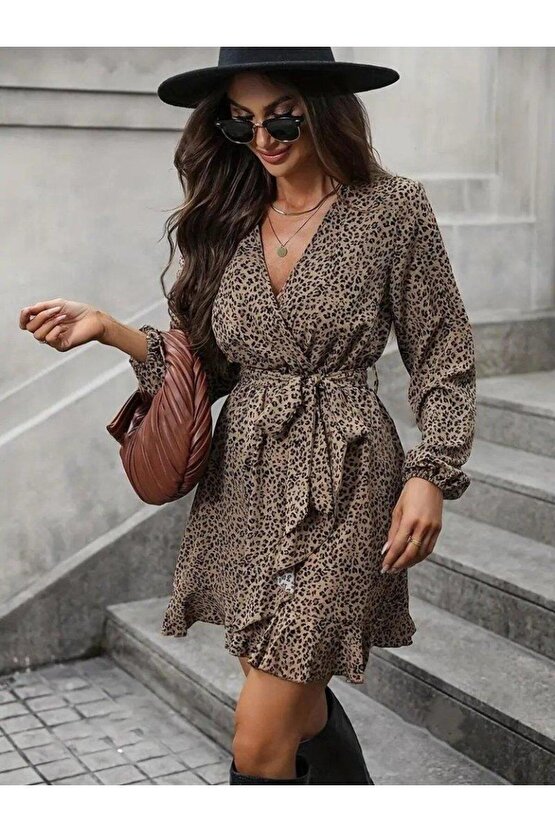 Kadın Uzun Kollu Kruvaze Yakalı Kuşaklı Desenli Kısa Modal Mini Elbise