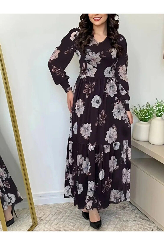 Kadın Uzun Kollu V Yakalı çiçek Desenli Maxi Süprem Elbise