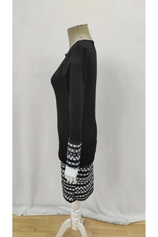 Kadın Uzun Kollu Bisiklet Yaka Desenli Dalgıç Elbise