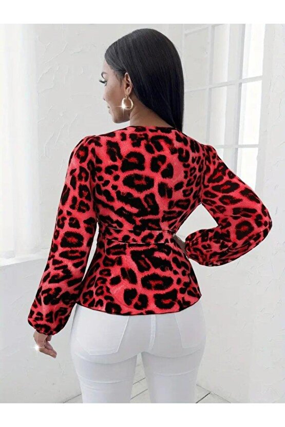 Kadın Uzun Kollu Kruvaze Yakalı Belden Kuşaklı Leopar Desenli Süprem Bluz